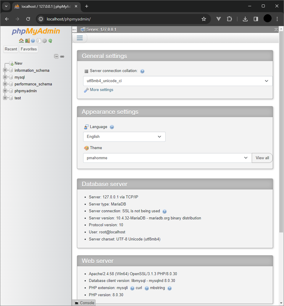 Tampilan PHPMyAdmin di XAMPP